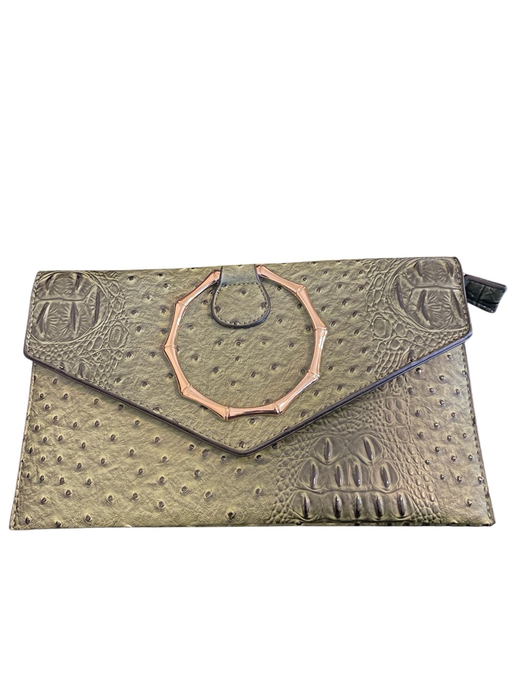 Olive Green Croc Textured Envelope Clutch with Gold Accent